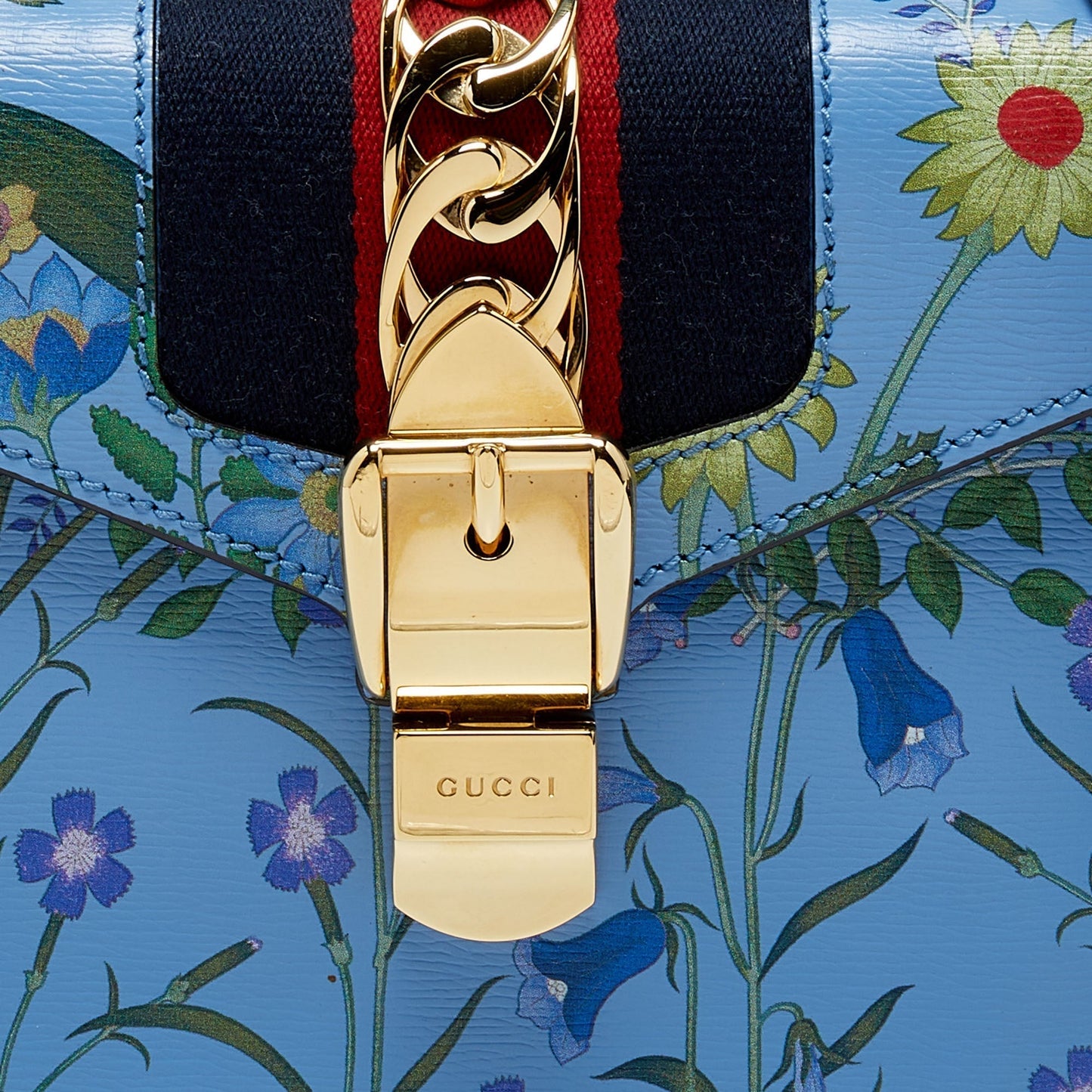 GUCCI Blue Floral Print Leather Mini Web Sylvie Top Handle Bag