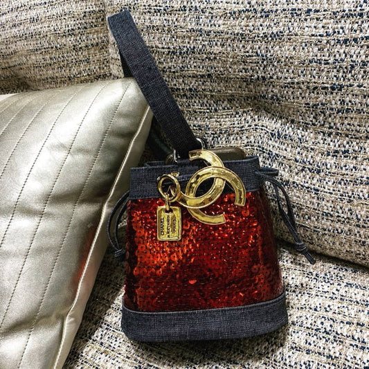 CHANEL Denim Sequin Mini Bucket Bag