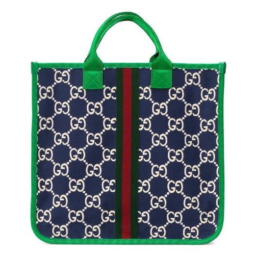 (WMNS) GUCCI Logo Stripe Webbing Tote Kids Kid's Navy Blue / Green Handbag 605831-H0GA0-4974