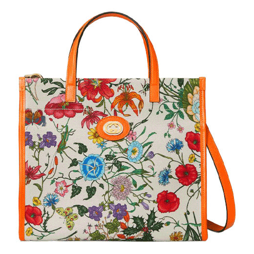 (WMNS) GUCCI Metallic Interlock Double G Flowers Printing Canvas handbag White / Orange / Multicolor 550141-9ZIBX-8868