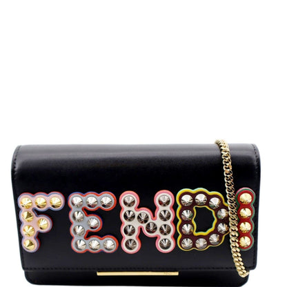 FENDI Studded Logo Woc Leather Crossbody Clutch Black