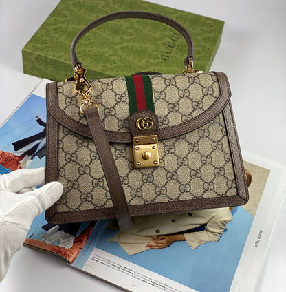 Gucci Ophidia small top handle bag Beige and ebony GG Supreme canvas