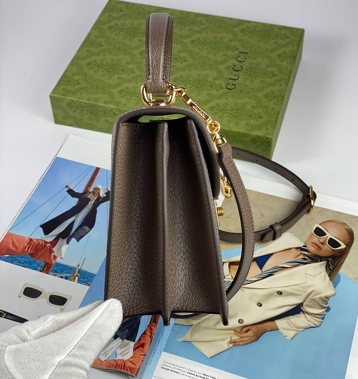 Gucci Ophidia small top handle bag Beige and ebony GG Supreme canvas