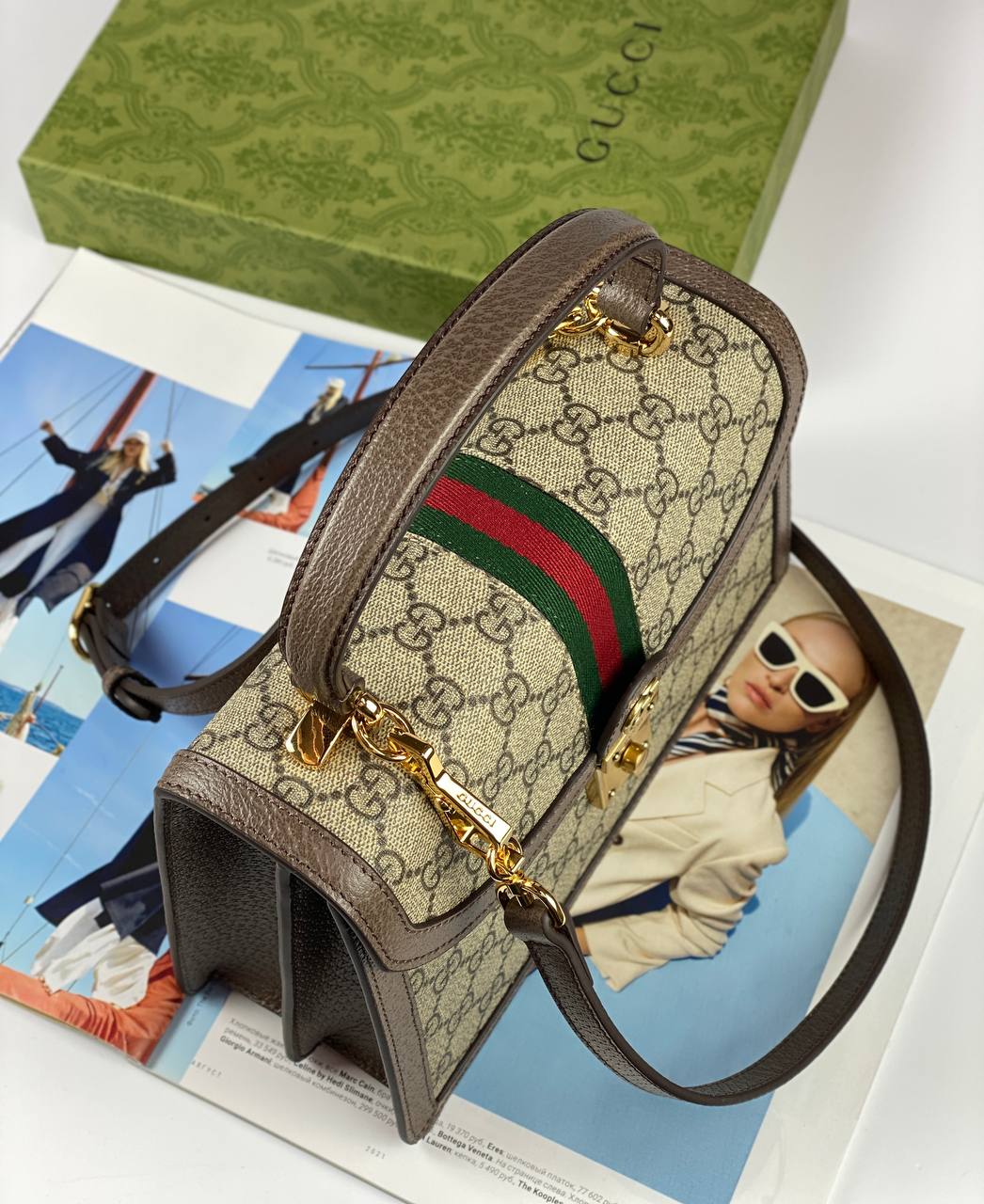 Gucci Ophidia small top handle bag Beige and ebony GG Supreme canvas