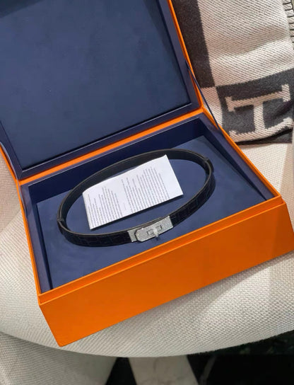Hermes Platinum Diamond Matte Alligator Kelly Belt Black