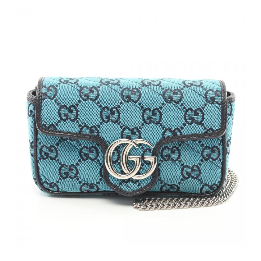 Gucci GG Marmont Super Mini Bag Chain Shoulder Bag Canvas Leather Blue Black 864708