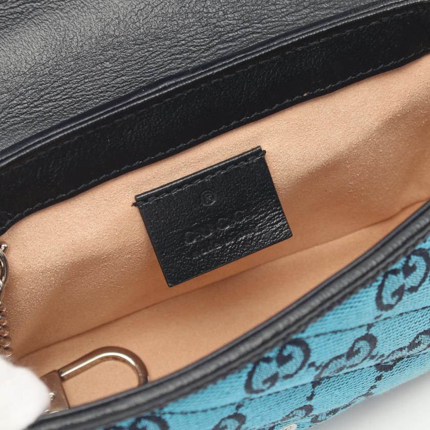 Gucci GG Marmont Super Mini Bag Chain Shoulder Bag Canvas Leather Blue Black 864708