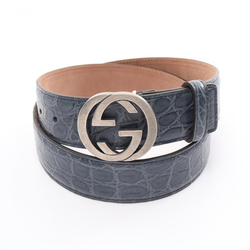 Gucci Interlocking G Belt Leather Navy Croc Embossed 885063