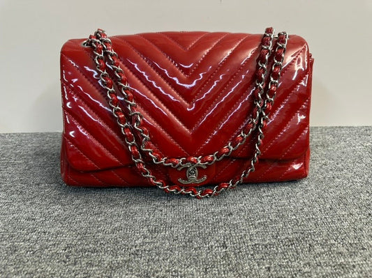 Chanel Chevron Red Patent Leather Shoulder Bag