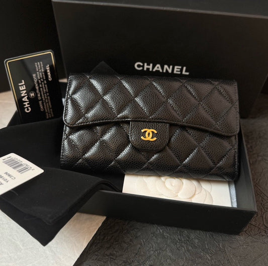 Chanel Caviar Long Wallet Black Quilted Wallet Full Set with Card #22