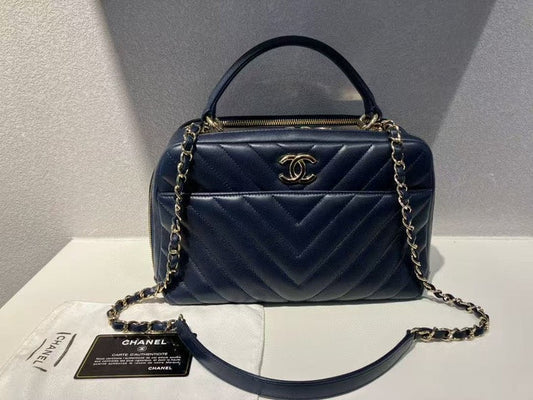 Chanel Chevron Navy Blue Leather Shoulder Bag