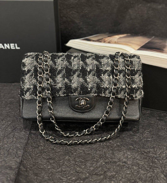 Chanel CF Linton Tweeds & Caviar Leather Black Double Flaps Bag