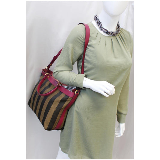FENDI Tobacco Pequin Stripe Canvas Large Tote Bag Magenta