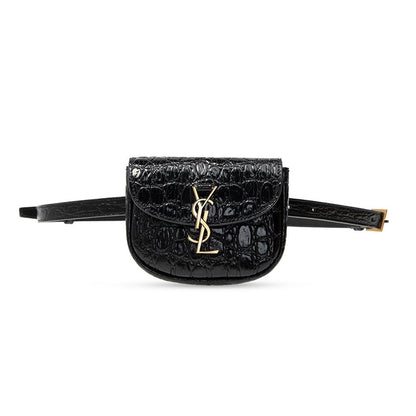 Saint Laurent Kaia Black Leather Croc Embossed Mini Belt Bag 634922