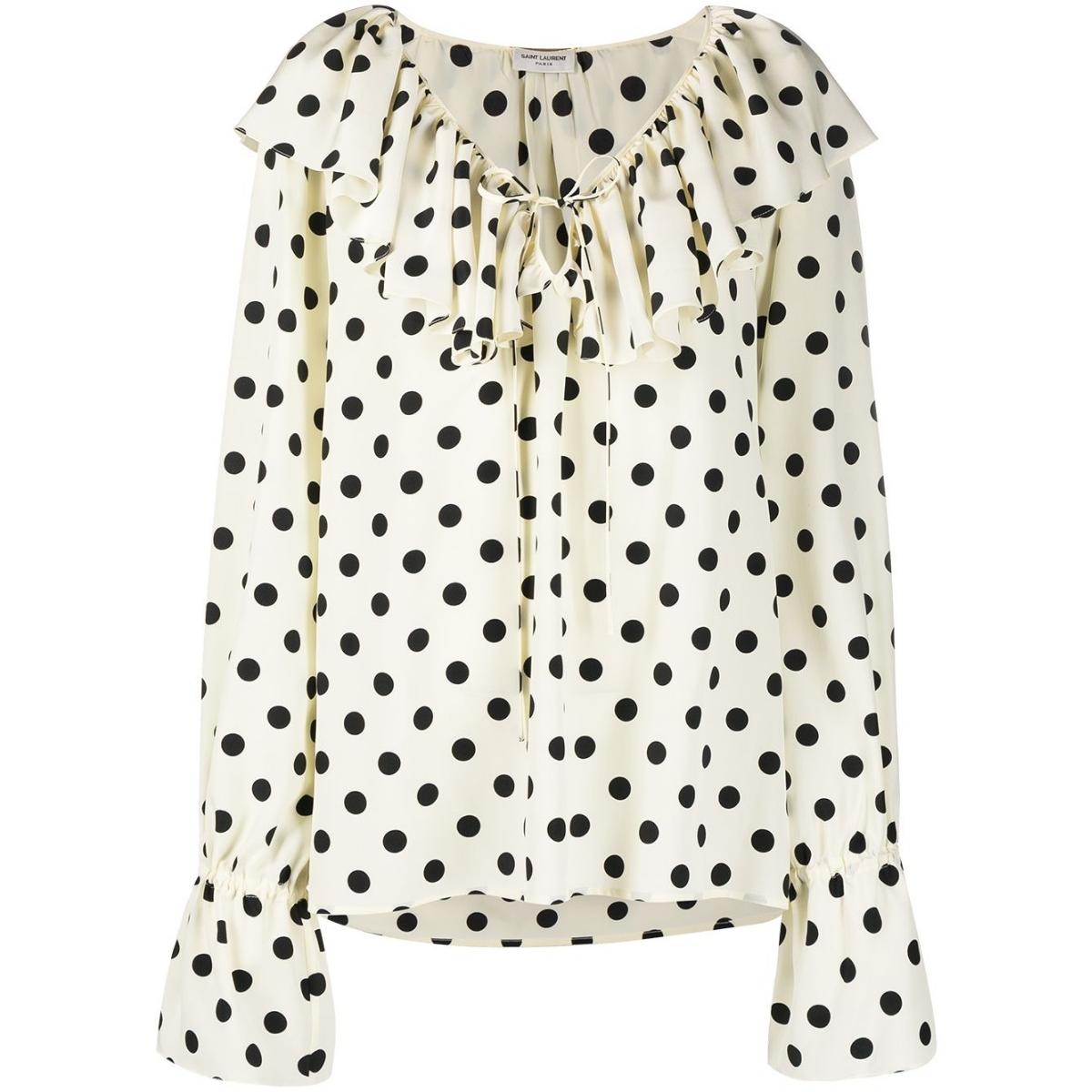 Ruffle-collar Polka-dot Print Silk Blouse