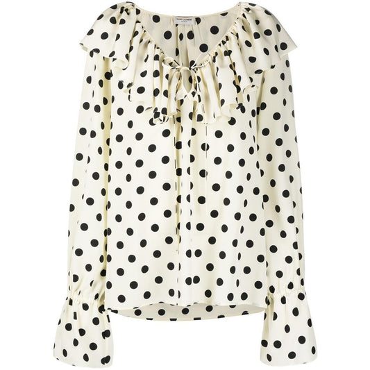 Ruffle-collar Polka-dot Print Silk Blouse