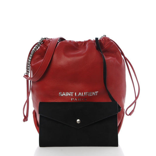Saint Laurent Teddy Red Lambskin Leather Drawstring Bucket Bag 538447
