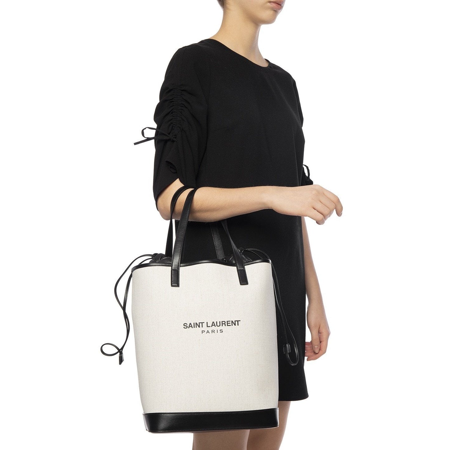 Saint Laurent Teddy White Coated Linen Drawstring Bucket Bag 551595