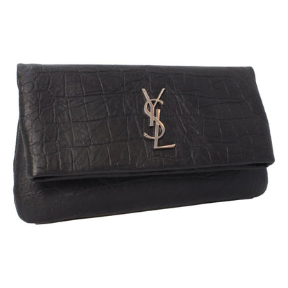 Saint Laurent West Hollywood Black Leather Croc Embossed Clutch 601313