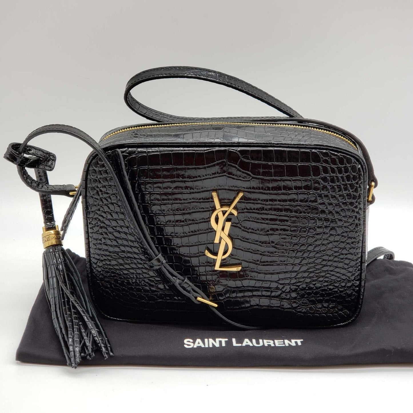 YSL Lou Camera Bag Embossed in Crododile Shiny Black Leather  Bag