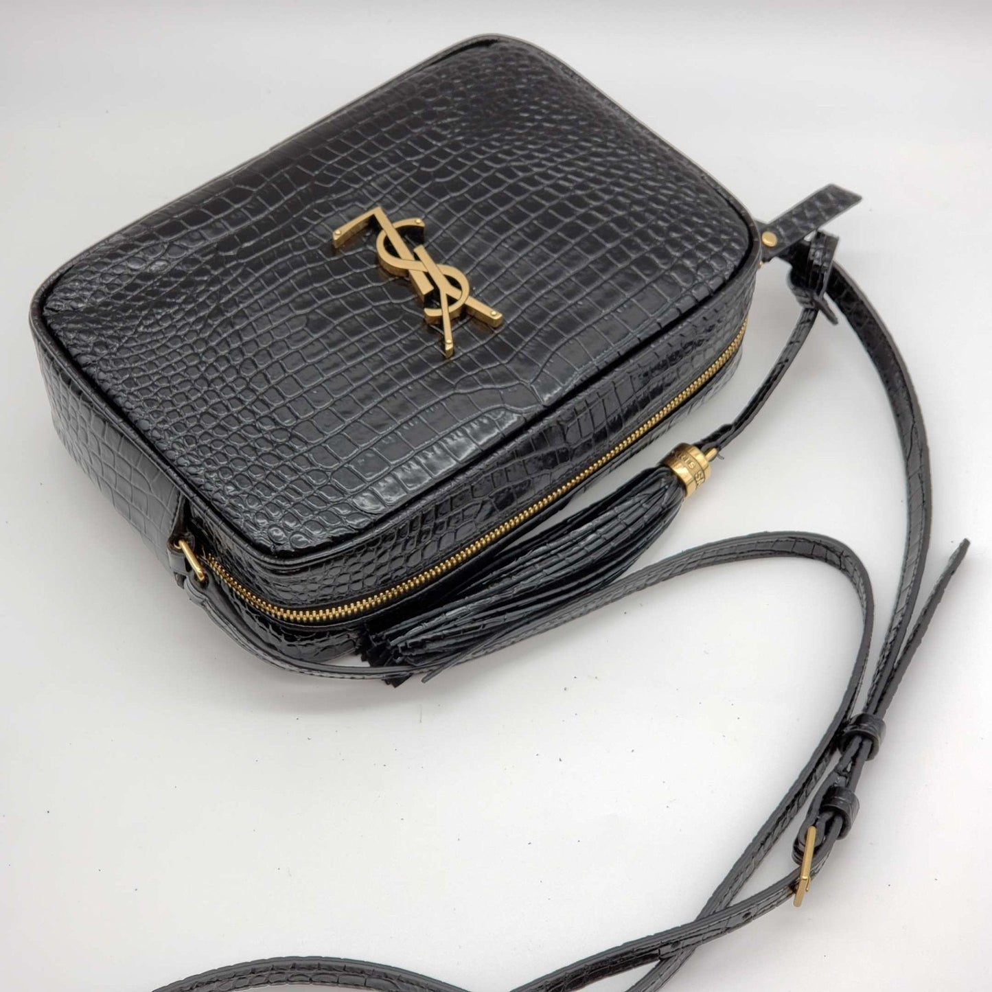 YSL Lou Camera Bag Embossed in Crododile Shiny Black Leather  Bag
