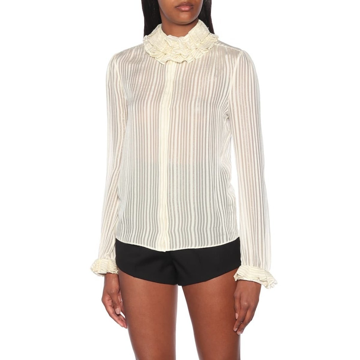 Ivory Ruffle-collar Striped Silk Shirt