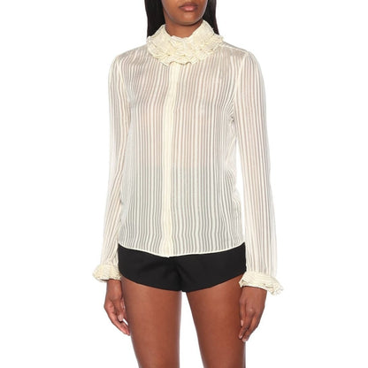 Ivory Ruffle-collar Striped Silk Shirt
